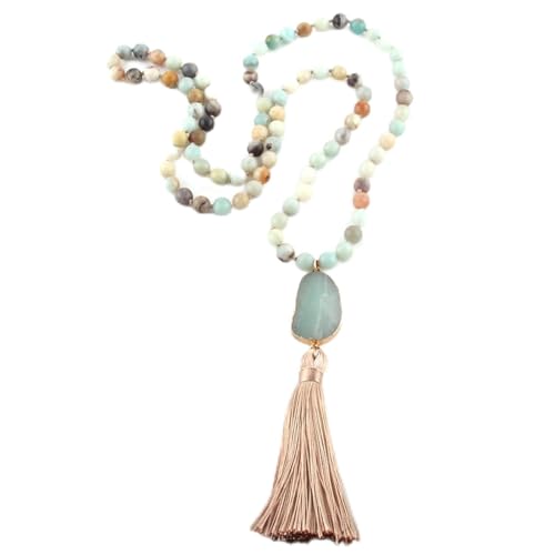 XFLSDHGD Mode böhmische Stammesschmuck natürliche Steine ​​Langknotete Mondstein Quasten Halsketten Frauen Halskette von XFLSDHGD