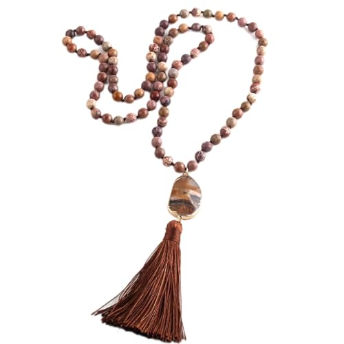 XFLSDHGD Mode böhmische Stammesschmuck natürliche Steine ​​Langknotete Mondstein Quasten Halsketten Frauen Halskette von XFLSDHGD