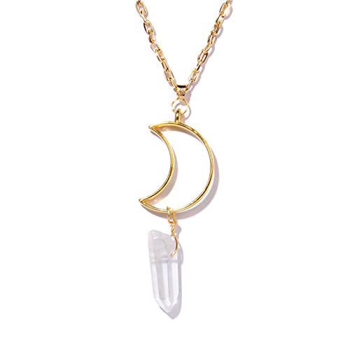 XFLSDHGD Naturstein Spike Point hohl Mond Anhänger Halskette Stick Perlen Charme weibliche Halsketten Goldene Kette für Frauen Schmuck Geschenk von XFLSDHGD
