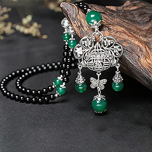 XFLSDHGD Schwarze Kristallarmbänder runde Perlen mit langer tibetaner silbernen Wunschschloss Anhänger Halskette für Frauen Modeschmuck von XFLSDHGD