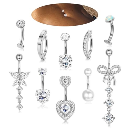 XFSRG 10 Stück 14G Bauchnabelpiercing Damen Edelstahl Hypoallergene Piercing Bauchnabel Clicker Lang Belly Piercing Set für Frauen (Silber) von XFSRG