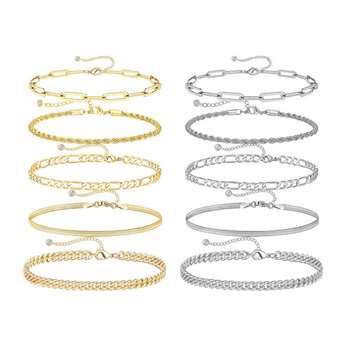 XFSRG 10 Stück Armband Set Damen Mehrlagige Kettenarmbänder in Gold und Silber mit Verstellbarer Länge Trendigen Layering Stil Schmuck Set für Alltag und Party von XFSRG