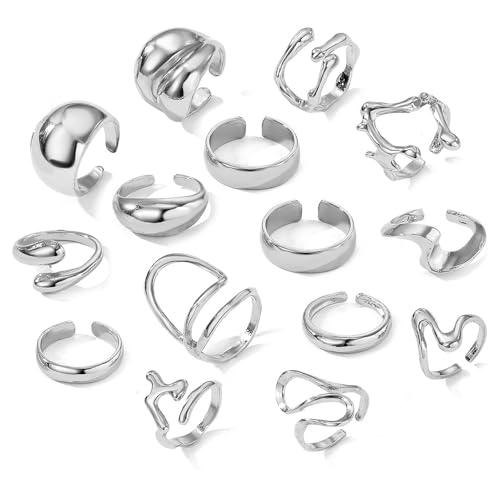 XFSRG 15 Stück Ring Damen Unregelmäßige Geometrie Übertrieben Ringe Lava Linien Einstellbare Öffnung für Verschiedene Gelegenheiten Geeignet von XFSRG