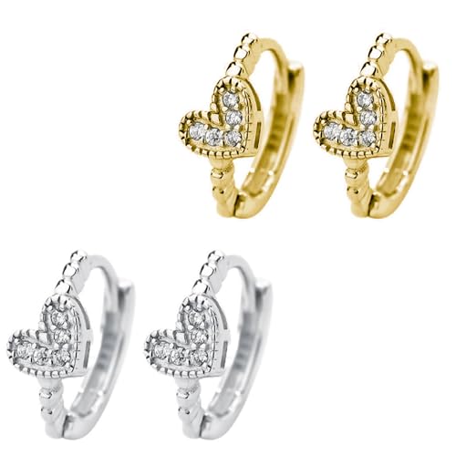XFSRG 2 Paar Herz Ohrringe Set Damen Kleine Creolen Ohrstecker in Gold Silber Modischer Schmuck Minimalistisches Design für Alltag Party von XFSRG