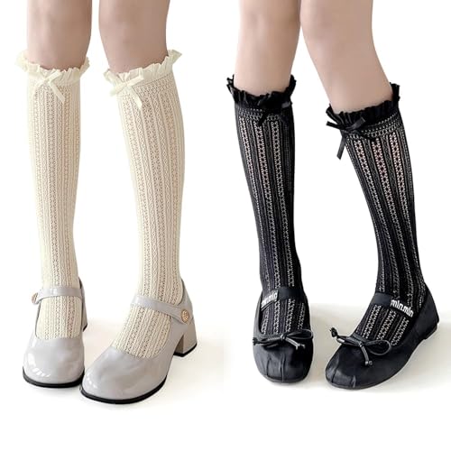 XFSRG 2 Paar Trachtenstrümpfe Damen Schleife Spitze Strümpfe Trachtenstrümpfe Socken für Hochzeit Oktoberfest Volksfest Tracht (Beige + Schwarz) von XFSRG