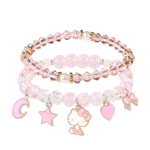 XFSRG 2 Stück Armband Damen mit Hello Kitty und Charm Motiven Elastisch Armbänder mit Stern Herz Mond und Schmetterlings Anhänger Süßer Schmuck Set für Damen (Rosa-1) von XFSRG