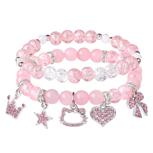 XFSRG 2 Stück Armband Damen mit Hello Kitty und Charm Motiven Elastisch Armbänder mit Stern Herz Mond und Schmetterlings Anhänger Süßer Schmuck Set für Damen (Rosa-2) von XFSRG