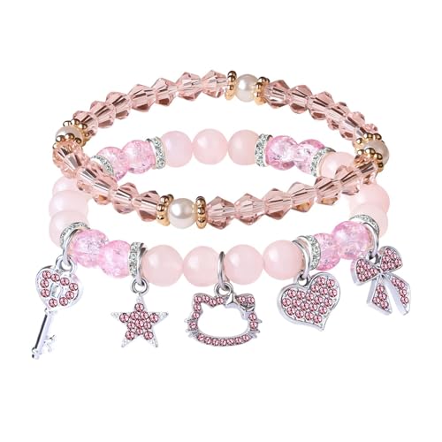 XFSRG 2 Stück Armband Damen mit Hello Kitty und Charm Motiven Elastisch Armbänder mit Stern Herz Mond und Schmetterlings Anhänger Süßer Schmuck Set für Damen (Rosa-3) von XFSRG