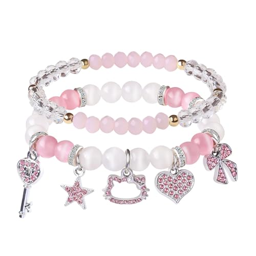 XFSRG 2 Stück Armband Damen mit Hello Kitty und Charm Motiven Elastisch Armbänder mit Stern Herz Mond und Schmetterlings Anhänger Süßer Schmuck Set für Damen (Rosa-4) von XFSRG