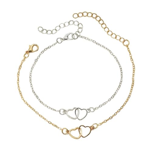 XFSRG 2 Stück Armband Damen mit Herzverschluss Charm Boho Armbänder Freundschafts Armbänder Verstellbar Armband Set(Gold und Silber) von XFSRG