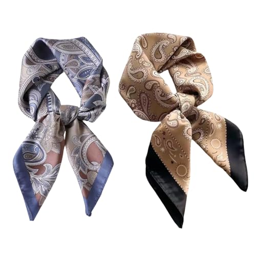 XFSRG 2 Stück Damen Halstuch aus Kunstseide Blumen und verschiedene Muster Druckschal Elegantes Accessoire für Büroarbeit oder lässigen Bund(Braun und Blau) von XFSRG