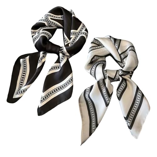 XFSRG 2 Stück Damen Halstuch aus Kunstseide Blumen und verschiedene Muster Druckschal Elegantes Accessoire für Büroarbeit oder lässigen Bund(Schwarz und Weiß) von XFSRG