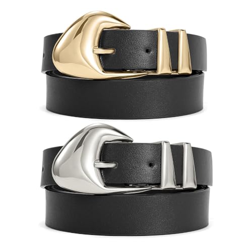 XFSRG 2 Stück Damen Ledergürtel mit Metall Schnalle Verstellbarer Dünner Taillengürtel für Jeans Hosen und Kleider Mode Damen Gürtel von XFSRG