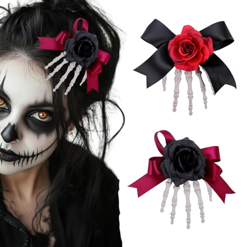 XFSRG 2 Stück Haarspangen Damen Rose Skeletthand Claw Clip Elegante Gothic Rutschfester Haarschmuck für Halloween Party(Rot+Schwarz) von XFSRG