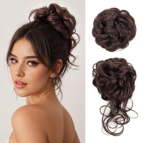 XFSRG 2 Stück Haarteil Mit Gummiband Dutt Haarteil Gelockt Haargummi Hair Ribbon Ponytail Extensions Haarverlängerung Messy Bun Haarteile für Damen Mädchen Pferdeschwanz (Dunkelbraun) von XFSRG
