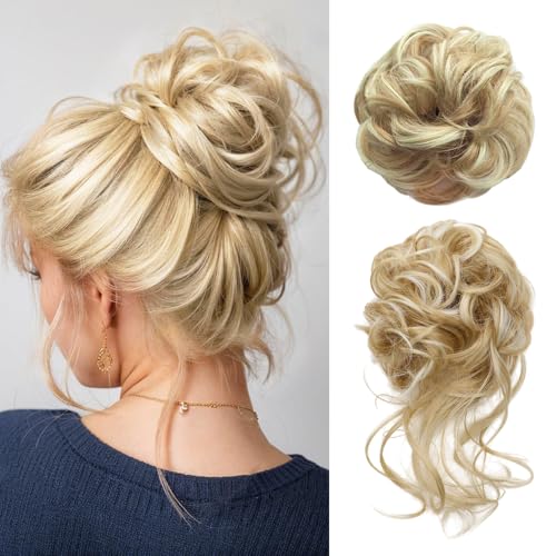 XFSRG 2 Stück Haarteil Mit Gummiband Dutt Haarteil Gelockt Haargummi Hair Ribbon Ponytail Extensions Haarverlängerung Messy Bun Haarteile für Damen Mädchen Pferdeschwanz (Gold) von XFSRG