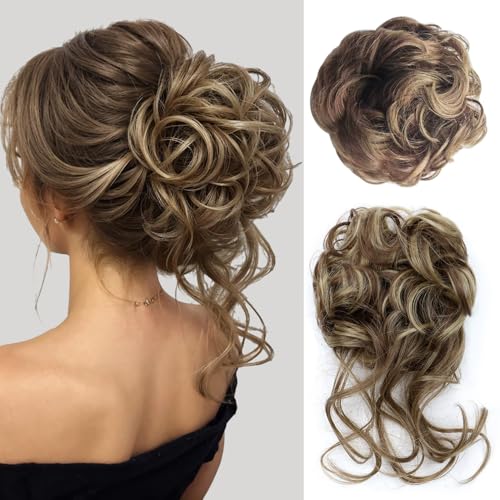 XFSRG 2 Stück Haarteil Mit Gummiband Dutt Haarteil Gelockt Haargummi Hair Ribbon Ponytail Extensions Haarverlängerung Messy Bun Haarteile für Damen Mädchen Pferdeschwanz (Hellbraun) von XFSRG