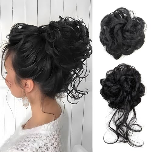 XFSRG 2 Stück Haarteil Mit Gummiband Dutt Haarteil Gelockt Haargummi Hair Ribbon Ponytail Extensions Haarverlängerung Messy Bun Haarteile für Damen Mädchen Pferdeschwanz (Schwarz) von XFSRG
