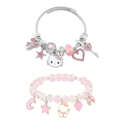 XFSRG 2 Stück Hello Kitty Armbänder Verstellbares Edelstahl Armband und Elastisches Glasperlen Armband mit Katze Herz Stern Mond Süßer Schmuck Set für Damen und Mädchen (Rosa-2) von XFSRG