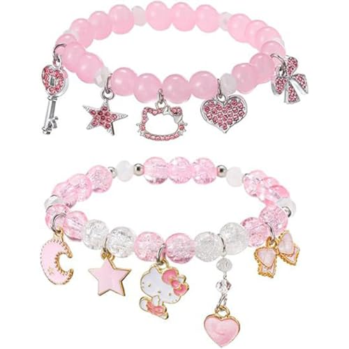 XFSRG 2 Stück Hellokitty Cartoon Armbänder Elastisches Hellokitty Mädchen Armbänder mit Stern Herz Mond und Schmetterlings für Paare Und Bester Freund Armreifen Modeschmuck (Rosa 1) von XFSRG