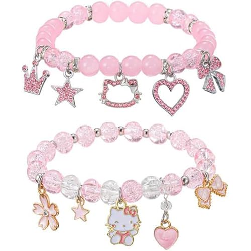 XFSRG 2 Stück Hellokitty Cartoon Armbänder Elastisches Hellokitty Mädchen Armbänder mit Stern Herz Mond und Schmetterlings für Paare Und Bester Freund Armreifen Modeschmuck (Rosa 2) von XFSRG