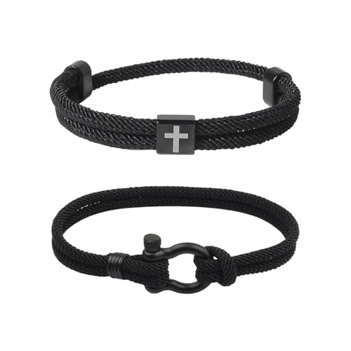 XFSRG 2 Stück Herren Armbänder Schwarzes Seilarmband Verstellbares Kreuz Armband mit Edelstahl Anhänger Stilvolle Armbänder für Männer von XFSRG