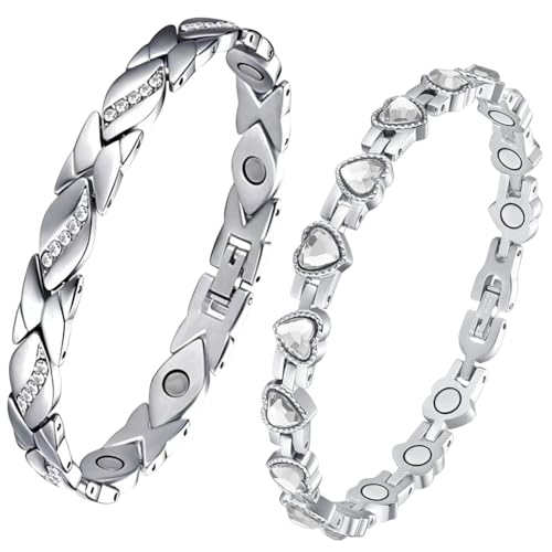 XFSRG 2 Stück Magnetisches Armband Frauen Silber Damen Magnetarmband Verstellbar mit Ultrastarken Magneten Ordentliches und Glitzerndes Design (Silber 2) von XFSRG
