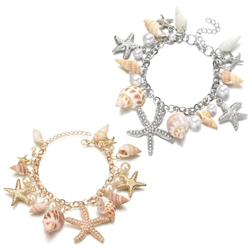 XFSRG 2 Stück Muschel Armband Damen Hawaii Schmuck mit Muscheln Perlen und Seesternen Armbänder Boho Strandschmuck Fußkettchen für Karneval Urlaub Strand Sommer von XFSRG