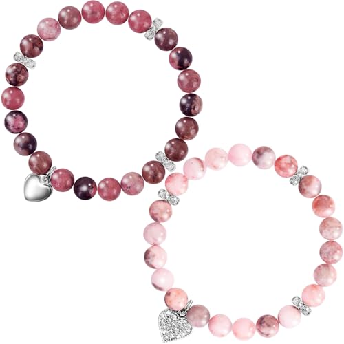 XFSRG 2 Stück Naturstein Armbänder Damen Perlenarmband Herzanhänger Armband Retro Eleganz Individueller Schmuck von XFSRG