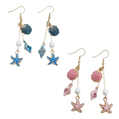 XFSRG 2 Stück Ohrringe Damen Tropfen Ohrring Bohemian Style Muschel Seestern Perlen Ohrringe Strand Ozean Meer Sommer Schmuck(Blau und Rosa) von XFSRG