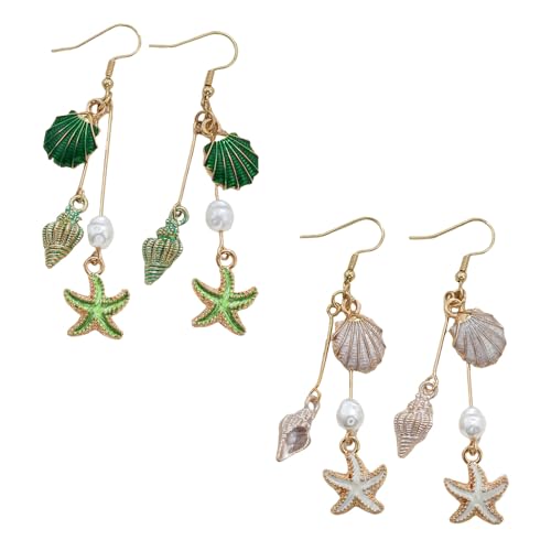 XFSRG 2 Stück Ohrringe Damen Tropfen Ohrring Bohemian Style Muschel Seestern Perlen Ohrringe Strand Ozean Meer Sommer Schmuck(Grün und Weiß) von XFSRG