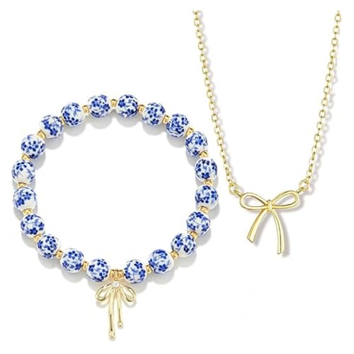 XFSRG 2 Stück Schmucksets für Damen Elegante Perlen Armband und Goldene Schleife Halskette Modeschmuck für Alltag Besondere Anlässe (Blau) von XFSRG
