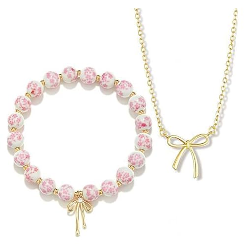 XFSRG 2 Stück Schmucksets für Damen Elegante Perlen Armband und Goldene Schleife Halskette Modeschmuck für Alltag Besondere Anlässe (Rosa) von XFSRG