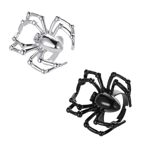 XFSRG 2 Stücke Gothic Spinnen Ringe Halloween Open Einstellbar Ring Vintage Punk Ringe Halloween Tänze Partys Kostümzubehör Geschenk für Männer Frauen (Silber + Schwarz) von XFSRG
