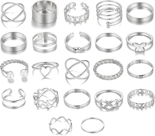 XFSRG 22 Stück Damenringe Set Verstellbar Knöchelringe Stapelringe Kreuz Herz Schmetterling Unendlichkeit Ketten Spirale Midi Ringe Schmuckset von XFSRG