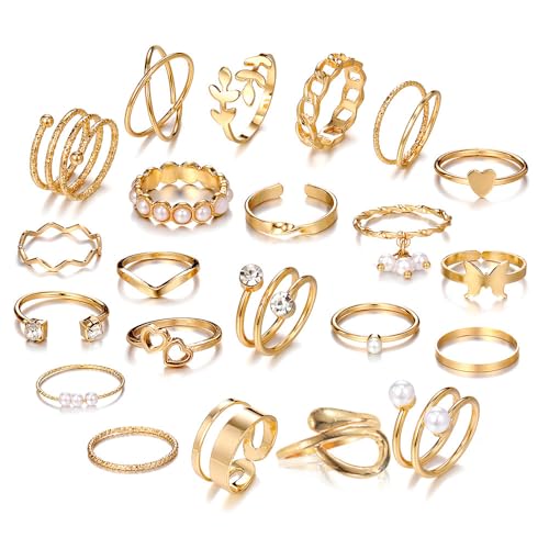 XFSRG 22 Stück Ring Damen Perlen Unregelmäßig Vintage Stil Ringe Luxus Kreative Mode Geometrie für den Alltag, Straßenfoto Partys Bankett von XFSRG