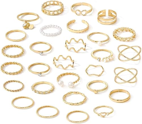 XFSRG 29 Stück Damenringe Set Infinity Herz Wellen Ketten Perlen Kristall Schmuck Kombination Verstellbar Stapelbar Mehrschichtig Goldton von XFSRG