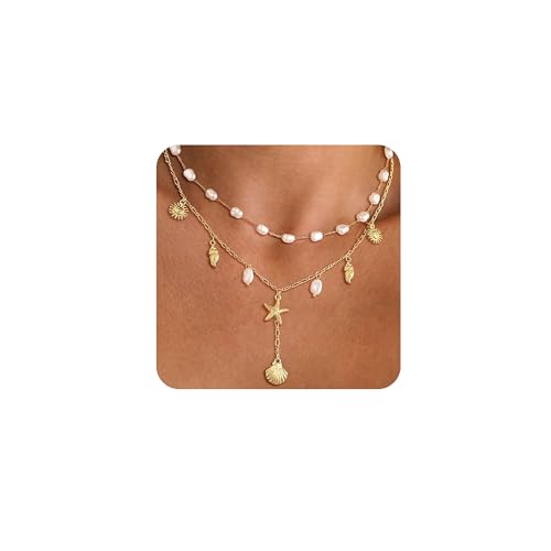 XFSRG 2Pcs Halskette Damen Gold Verstellbar Layering Kette 14k Goldkette Set mit Anhänger Boho Schmuck (Gold 2) von XFSRG