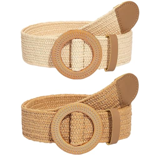 XFSRG 2er-Pack Breiter Geflochtener Gürtel für Damen Rattan Taillengürtel Flechtgürtel Hüftgürtel für Kleid Gewebter Boho Gürtel (Braun 1+Beige 1) von XFSRG