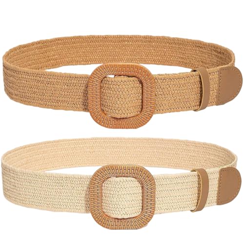 XFSRG 2er-Pack Breiter Geflochtener Gürtel für Damen Rattan Taillengürtel Flechtgürtel Hüftgürtel für Kleid Gewebter Boho Gürtel (Braun 2+Beige 2) von XFSRG