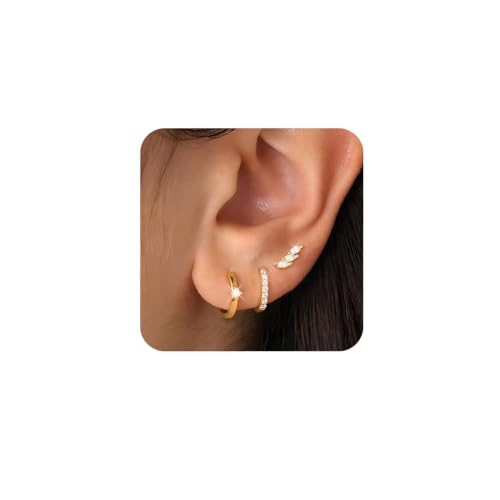 XFSRG 3 Paar Elegantes Damen Ohrringe Set Hypoallergen 14K Vergoldet 925er Silberstift Funkelnde Zirkonia Ohrringe Schmuck für Alltag und Feier (Gold) von XFSRG