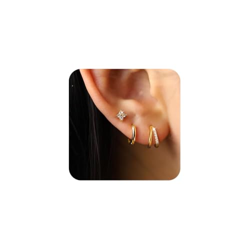 XFSRG 3 Paare Damen Ohrringe Set 5 mm Blütenstecker Creolen und 14 mm Zirkonia Doppel Huggies 14k Gold Filled und 925 Silber Hypoallergen Modeschmuck (Gold) von XFSRG