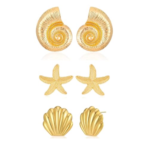 XFSRG 3 Paare Ohrringe Damen Set Gold Muschel Stern Seestern Ohrstecker Vintage Mode Schmuck für Alltag und Party von XFSRG