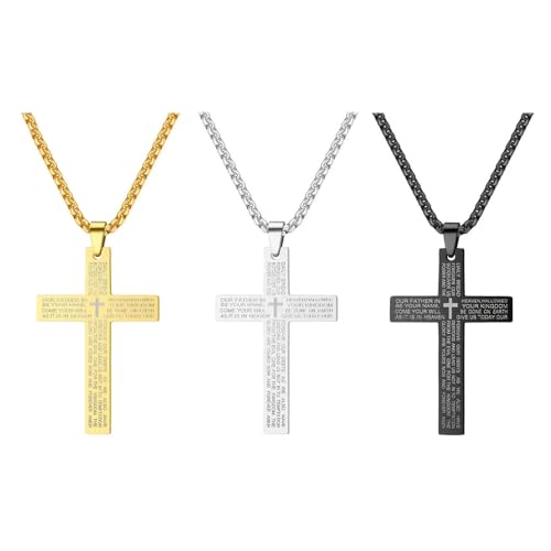 XFSRG 3 Pcs Kreuz Kette Herren aus Titanstahl in Silber Schwarz und Gold Cross Anhänger 3,5 x 5  cm an 60 cm Kette Korrosionsbeständig Hautfreundlich Taufe und Alltag (B) von XFSRG
