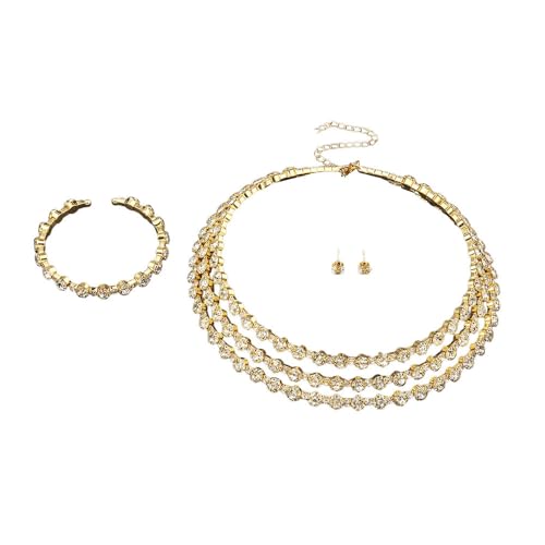 XFSRG 3 Stück Brautschmuck Set Strass Halskette Ohrstecker und Armreif aus Kupferkette Verstellbar Funkelnd für Hochzeit Abschlussball Abendkleid (Gold) von XFSRG