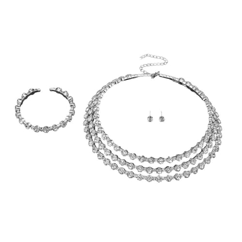 XFSRG 3 Stück Brautschmuck Set Strass Halskette Ohrstecker und Armreif aus Kupferkette Verstellbar Funkelnd für Hochzeit Abschlussball Abendkleid (Silber) von XFSRG