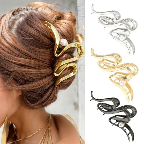 XFSRG 3 Stück Haarklammer Damen Metall Wellenförmige Perlen Haarspange Elegant Haifischklammer für Hochsteckfrisuren am Hinterkopf von XFSRG