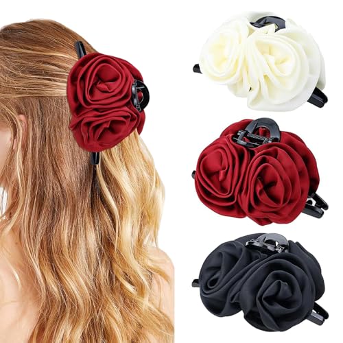 XFSRG 3 Stück Haarklammern Rose Satin Haarspange Rutschfestes Claw Clip Haarklammer Dickes Hair Clip Dünnes Haar Halt Haarschmuck für Frauen Mädchen Haar Styling-Haarspangen von XFSRG