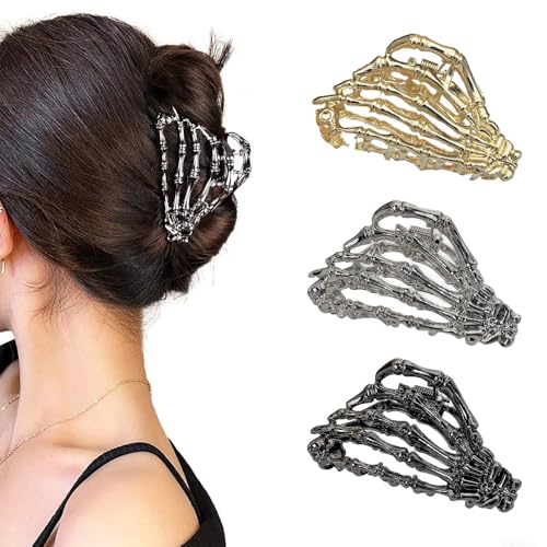 XFSRG 3 Stück Haarspangen Damen Gothic Skeleton Skelett Claw Clip Punk Rutschfester Haarschmuck für Halloween Party Cosplay(Set A) von XFSRG