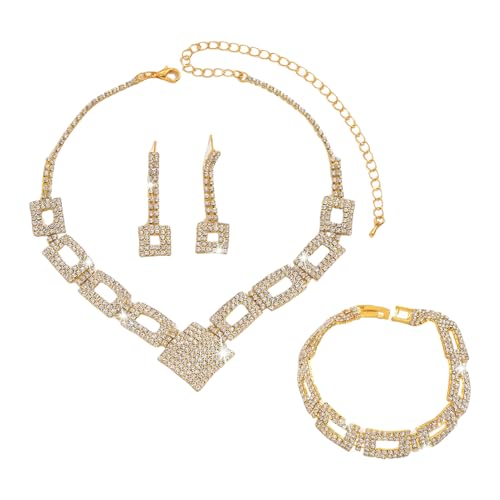 XFSRG 3 Stück Schmuckset für Damen Halskette Armband und Ohrringe mit Funkelnder Wasser Diamant Optik Verstellbares Design ideal zu Gala und Hochzeit (Gold) von XFSRG